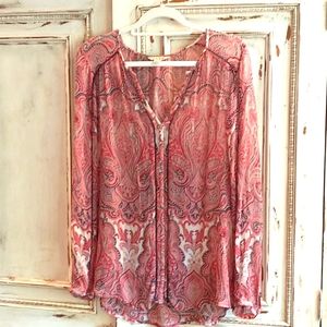 Lucky Brand Sheer Paisley Hi-Lo hem Top L